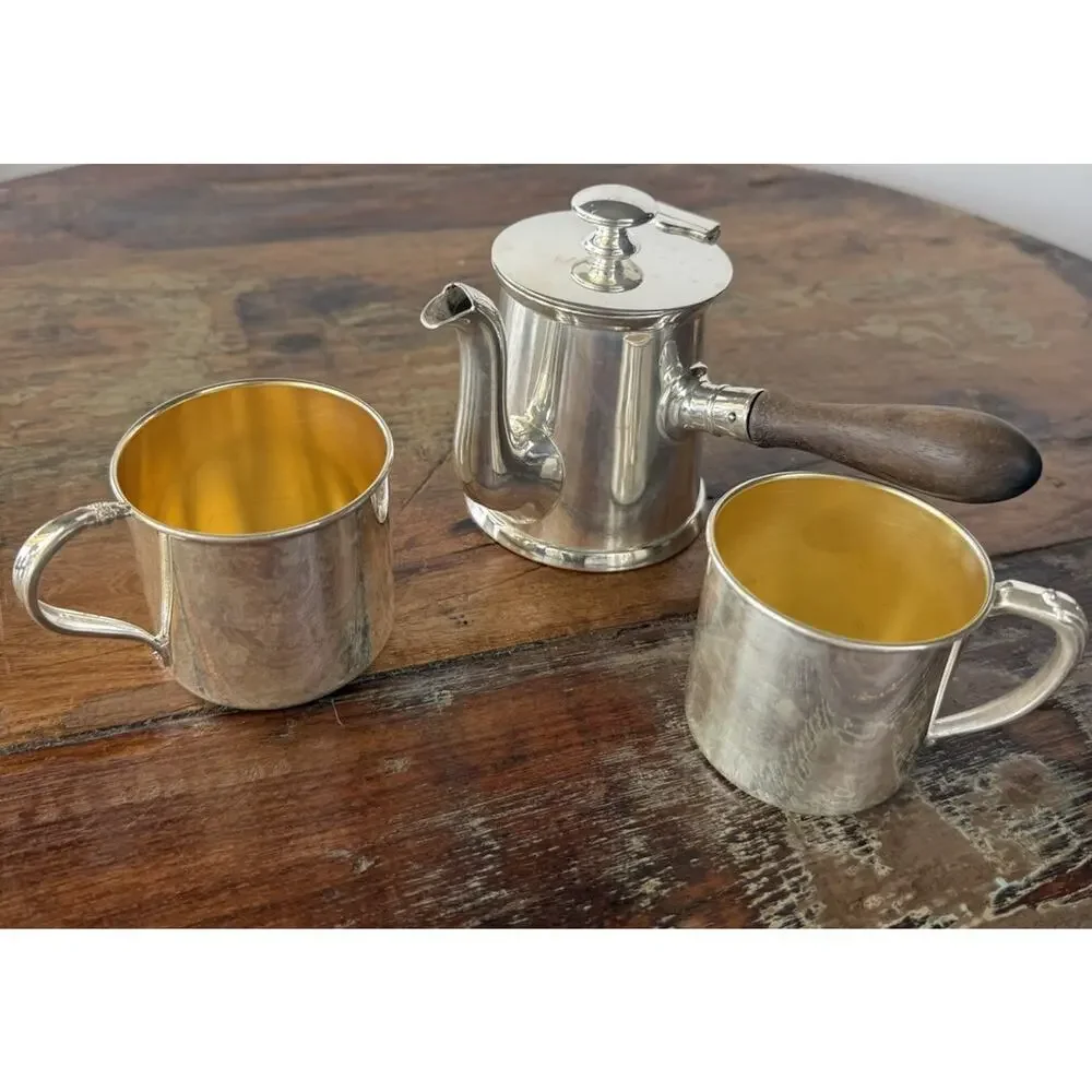 Vintage Wilcox Silver Plate Coffee Pot Wm Rogers Gold Wash Cups 3 Piece Set